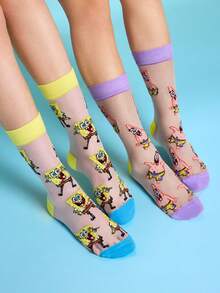 SpongeBob SquarePants | SHEIN 2雙超薄透明隱形襪，水晶絲女款中筒襪，透氣柔軟，適合春夏日常穿著 - 彩色 - 查看 2