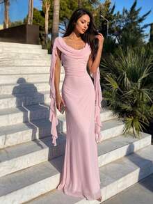 Firerie Women's Elegant Tropical Date Cocktail Casual Vacation Beach Afternoon Tea Light Pink Mesh Off-Shoulder Draped Ruffle Trim Tie-Waist A-Line Dress Summer,Graduation Dress,Wedding Guests - Pink - View 1