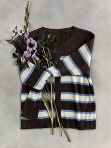 Muvela Women's Striped Long Sleeve Single-Breasted Casual Knit Cardigan - Brown - View 5