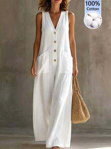 SHEIN Holidaya Jumpsuit Wanita Polos Leher V dengan Saku untuk Aktivitas Sehari-hari Kasual - Putih - View 1
