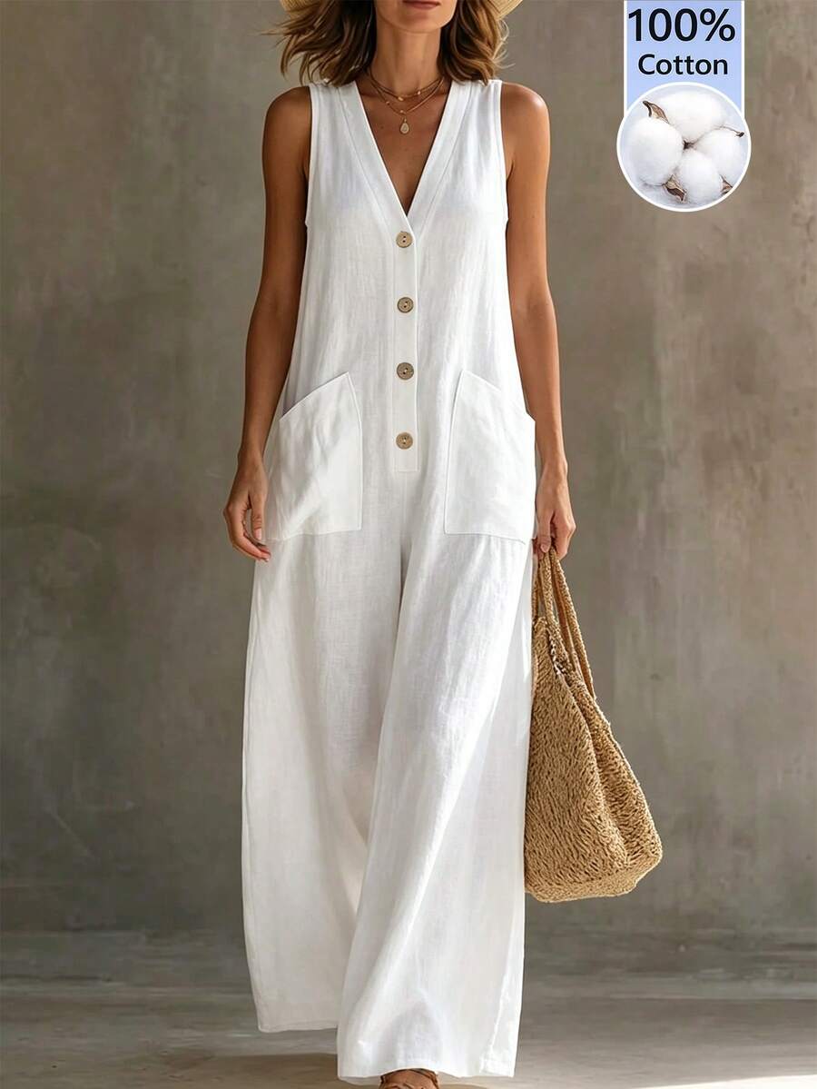 SHEIN Holidaya Jumpsuit Wanita Polos Leher V dengan Saku untuk Aktivitas Sehari-hari Kasual - Putih - View 1