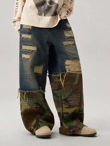 Jeans de mezclilla holgados con estampado de camuflaje y desgastados para hombre - Azul - Ver 5