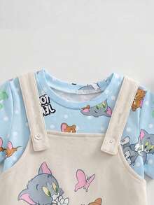 TOM & JERRY X SHEIN 男婴卡通图案字母印花圆领短袖T恤和背带短裤套装 - 藍色 - 查看 4