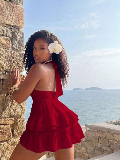 BamGleam Burgundy Red Halter V-Neck Layered Tiered High Waist Cinched Pleated A-Line Mini Dress, Sexy Tropical Backless Summer Vacation Style Vacation Beach