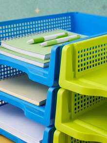 Joivida 3Pcs Stackable A4 Plastic File Trays, Multi-Layer Large Capacity Document Organizer, Sturdy Drop-Resistant Desktop Paper Storage Rack, Space-Saving Stackable Design, 4 Fresh Colors Available Blue Red Yellow Green For Office Desk Home Use - multicolor - View 6