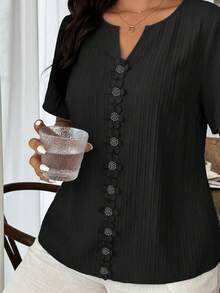Weeklong Blusa holgada de manga corta con volantes y parches florales para mujer talla grande, primavera/verano - Negro - Ver 6