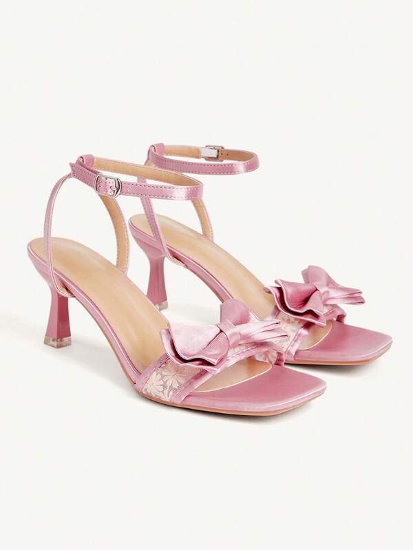 CUCCOO CHICEST Pink Satin Square Toe Bow Thick Heel Sandals Women, Summer Back Strap Embroidered Temperament High Heel Commuter Shoes