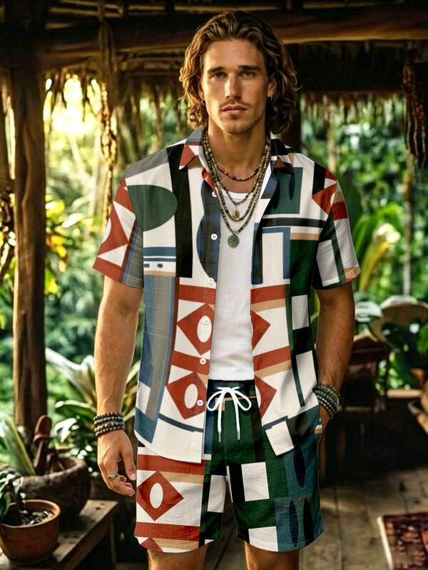 Alderstead Men's Geometric Print Single-Breasted Short Sleeve Shirt And Drawstring Waist Pocket Shorts Set