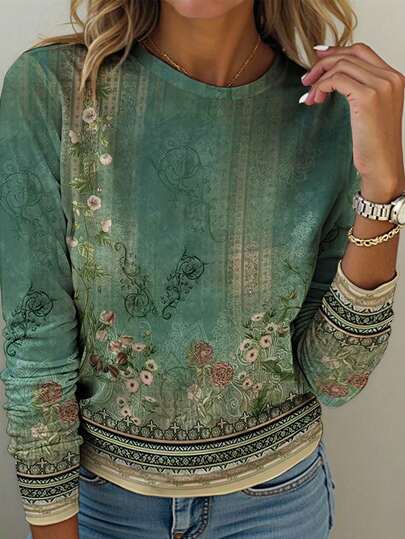 EMERY ROSE Plus Size Bohemian Style Green Floral Print Long Sleeve T-Shirt, Suitable For Music Festivals And Beach Wear, Casual And Minimalist