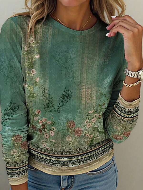 EMERY ROSE Plus Size Bohemian Style Green Floral Print Long Sleeve T-Shirt, Suitable For Music Festivals And Beach Wear, Casual And Minimalist