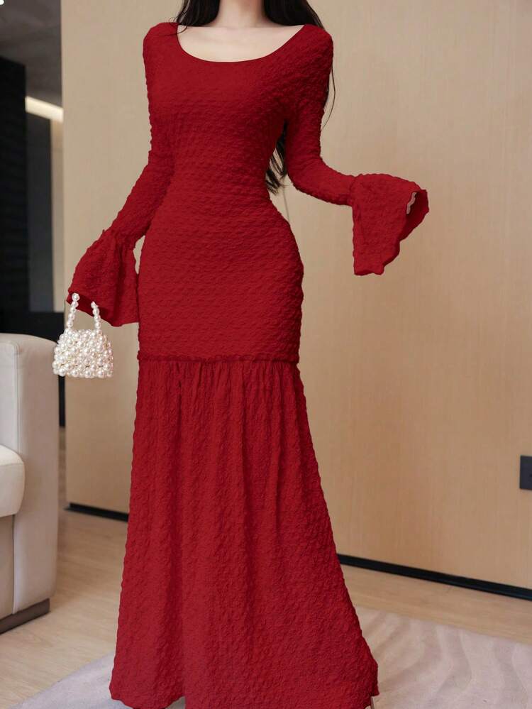 Modelyn Women's U-Neck Flare Sleeve Patchwork Fishtail Bodycon Elegant Date Night Dress Fall Cloth For Women - Burgundy - View 3