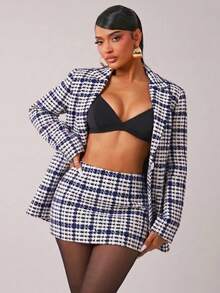 SHEIN SXY Plus Size Fashion Commuter Office Formal Houndstooth Blazer White And Blue Autumn Elegant - Multicolor - View 5