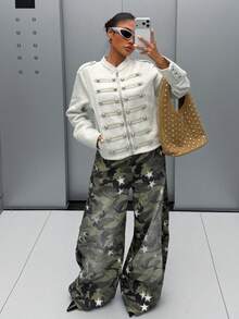 Muchica 淺灰色針織女款長袖拉鍊開襟鈕扣設計運動衫 復古拿破崙式冬季外套 休閒 2000年代風格 2000日常穿搭 - 淺灰色 - 查看 5