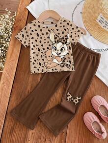 SHEIN Kids Young Girl Cartoon Rabbit Print Short Sleeve T-Shirt And Flare Pants Set Back-To-School School Summer - Multicolor - View 5