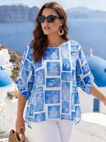 EMERY ROSE Blusa de verano casual de talla grande con estampado de criaturas oceánicas azules, top de verano azul y blanco para vacaciones en la playa - Azul y blanco - Ver 8
