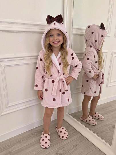 SHEIN Young Girl Cute Comfortable Hooded Long Sleeve Robe, Matching Waist Tie For Adjustable Looseness, Sweet Soft Autumn/Winter Style, Suitable For Girls' Knitted Double-Sided Fleece Hooded Robe, Plush Texture, Perfect For Home Wear, Halloween, Christmas