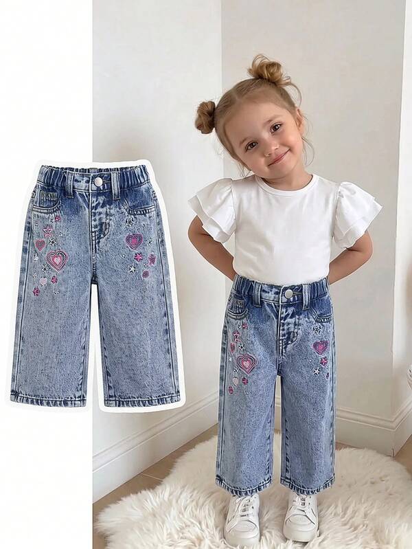 Bubblio Baby Girl Y2k Cute Heart & Star Embroidered Pattern Blue Denim Loose Fit Pants,Fall/Winter,For Baby Back To School And Halloween Clothes,Toddler Jeans