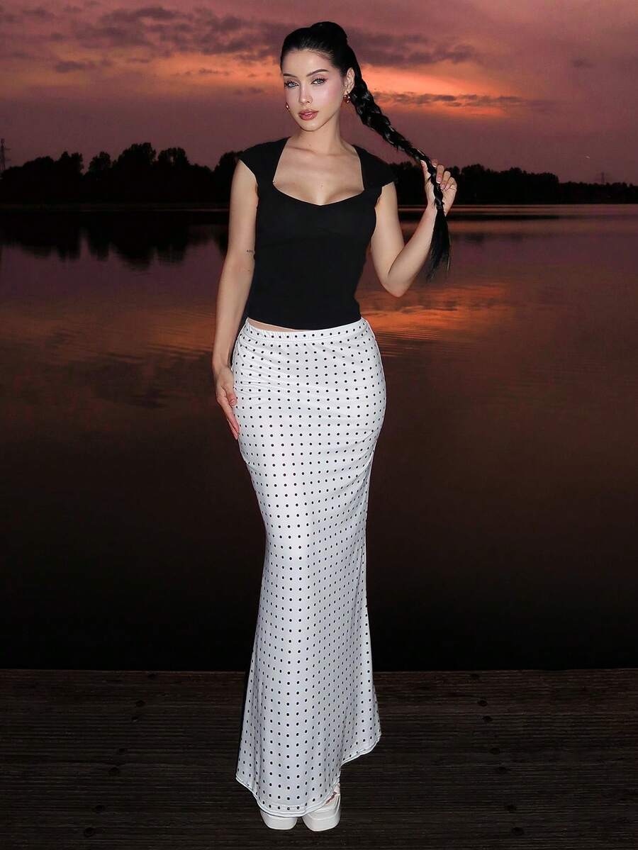 hhfernanda 女款波點印花白色夏季長款魚尾裙 - 白色 - 查看 1