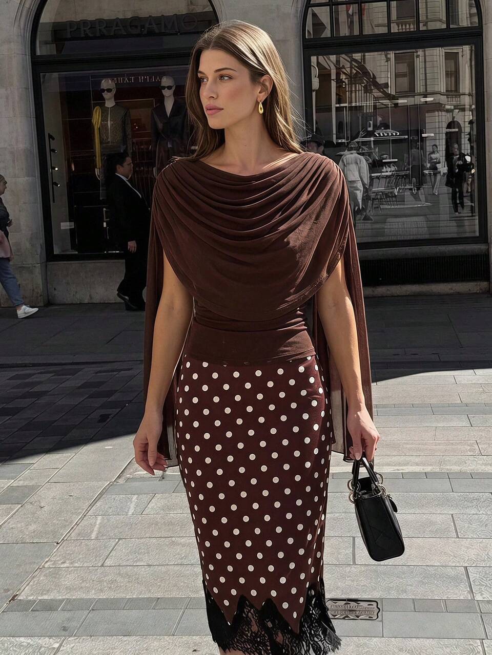 Enchnt Pre-Autumn Romantic Maturity Women's Elegant Dark Brown Fashion Ruched Fitted Shawl Top, Casual, Work Date Night Party Dinner Social Blouse