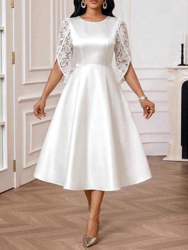 SHEIN Lady Vestido largo elegante de mujer con cuello redondo y mangas de pétalo con encaje en contraste