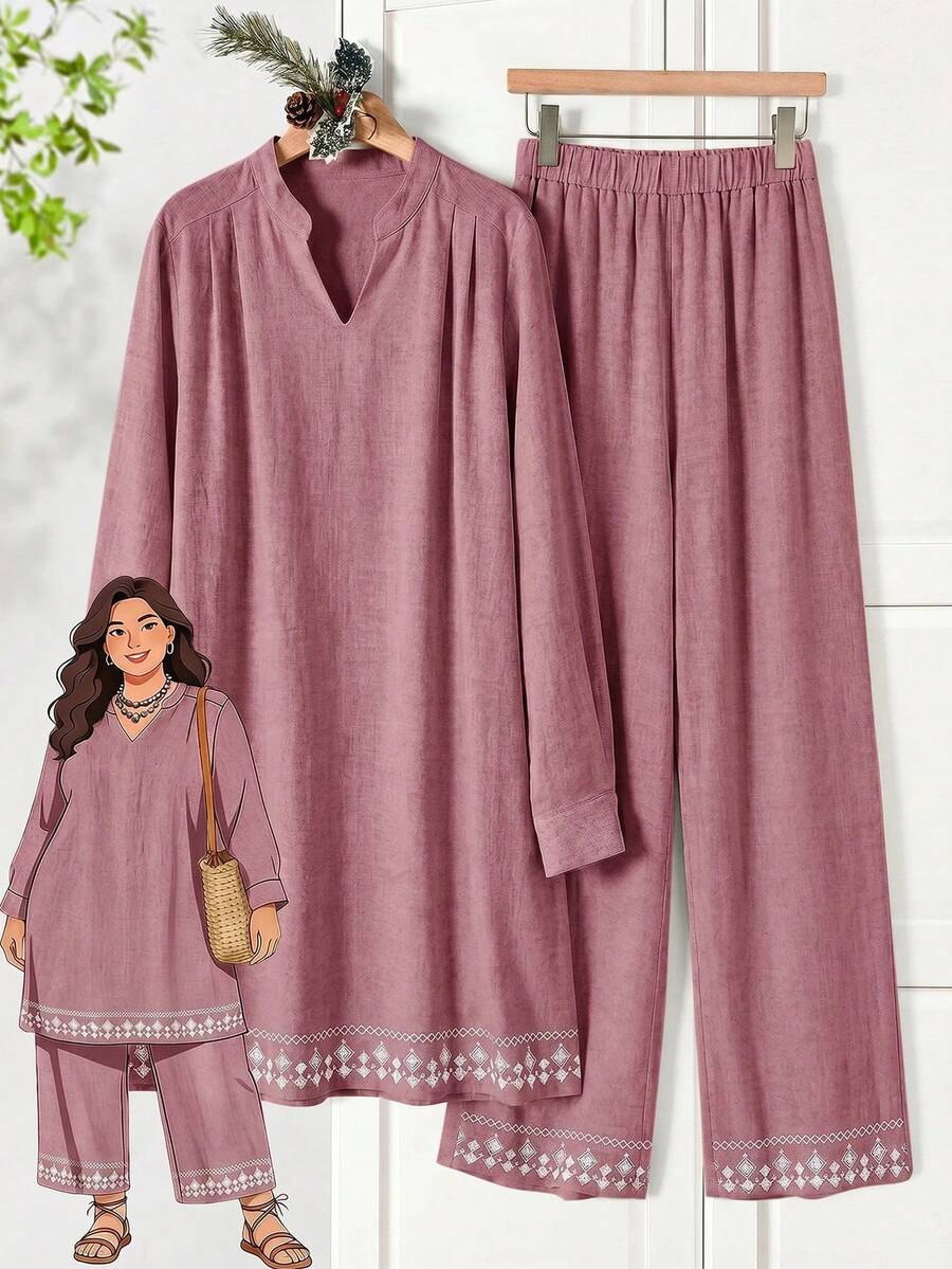 Rusticease Plus Size Minimalist Embroidered Textured Dress And Loose Casual Pants 2 Pieces Set Formal Vacation White Autumn Fall Clothes - Dusty Pink - View 1