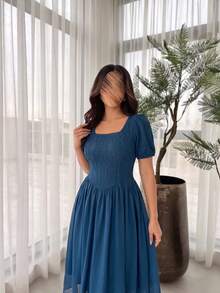 Modelyn Women's French Elegant Square Neck Petal Sleeve Textured Pleated Chiffon Patchwork Long Dress Plus Size - Teal Blue - View 5