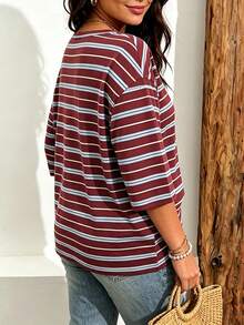 EMERY ROSE Camiseta casual de mujer talla grande con estampado de rayas y hombros caídos, adecuada para el verano - Multicolor - Ver 2