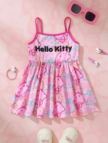 HELLO KITTY AND FRIENDS | SHEIN 女嬰卡通印花細肩帶洋裝 - 粉色 - 查看 1