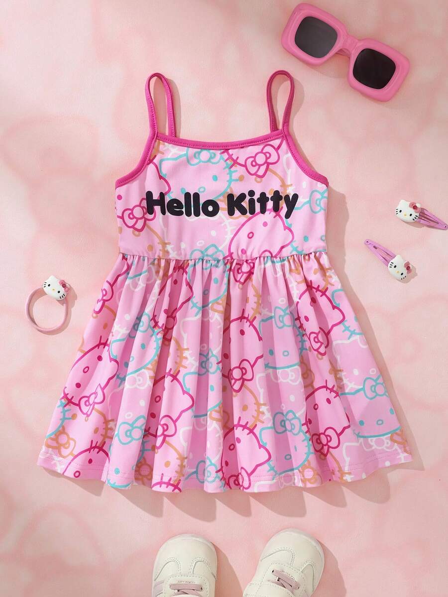 HELLO KITTY AND FRIENDS | SHEIN 女嬰卡通印花細肩帶洋裝 - 粉色 - 查看 1