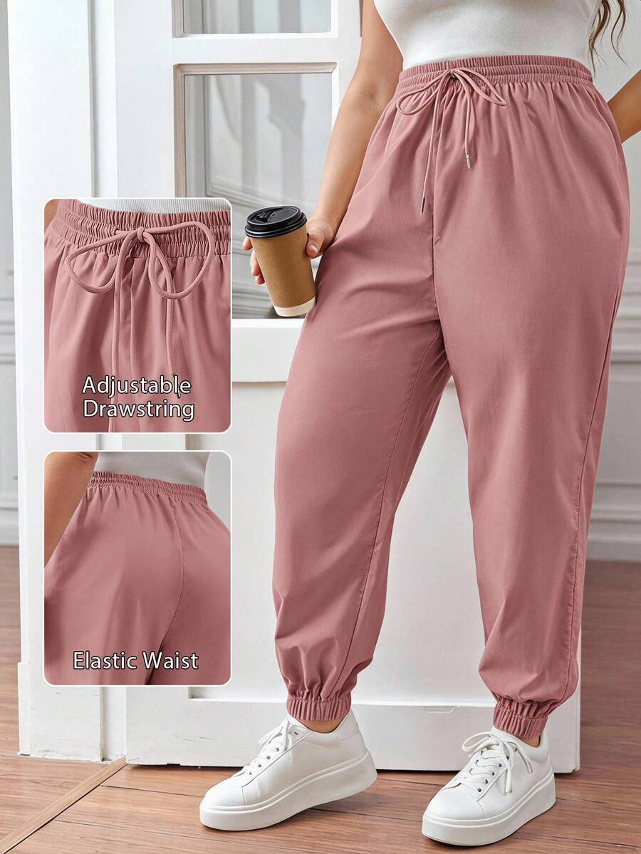 SHEIN PETITE CURVE Pantalones con cintura con cordón, pantalones de chándal, corte holgado, talla grande - Rosa vieja - Ver 1