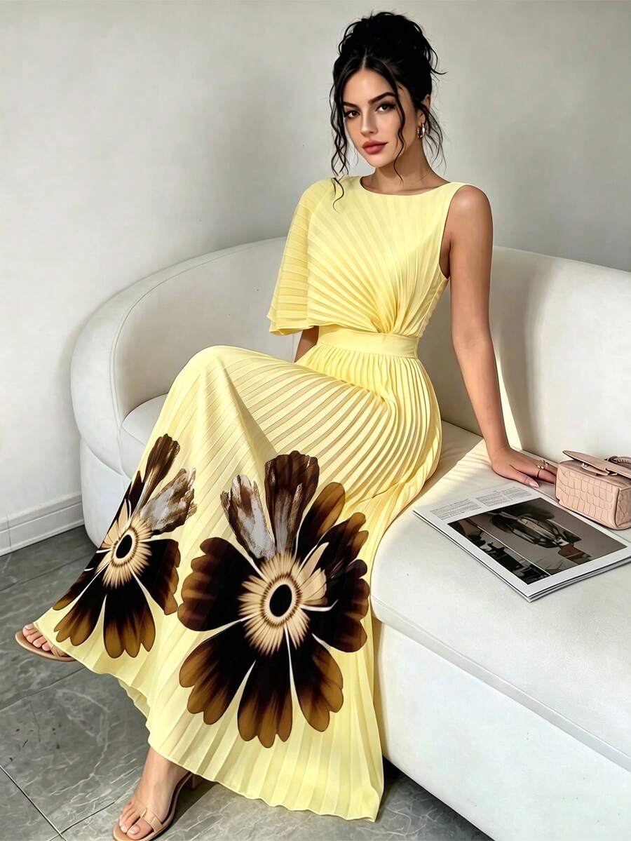 Modelyn 女款優雅圓領荷葉邊腰部拼接印花洋裝,A字版型浪漫洋裝,適合上班/休閒/度假,春夏季 - 黃色 - 查看 1