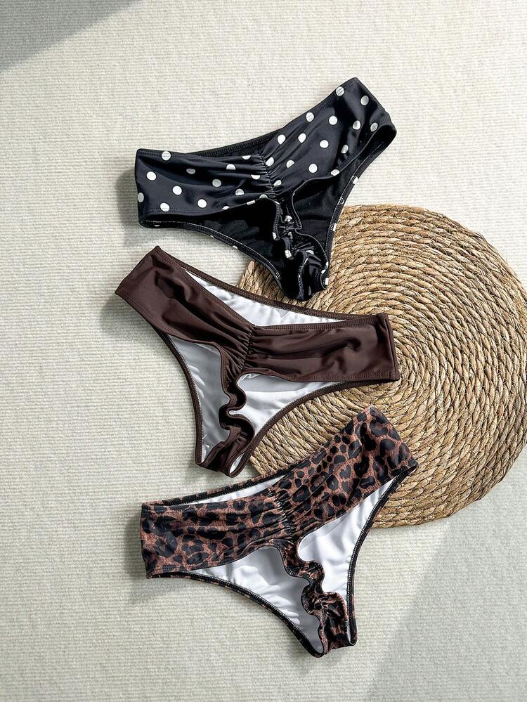 Shapewave 3pcs Women Beachwear Bikini Bottom High Waist Hispter Swimsuit Black White Polka Dot Casual Basic Underwear Vacation Bathing Suit - Multicolor - View 2