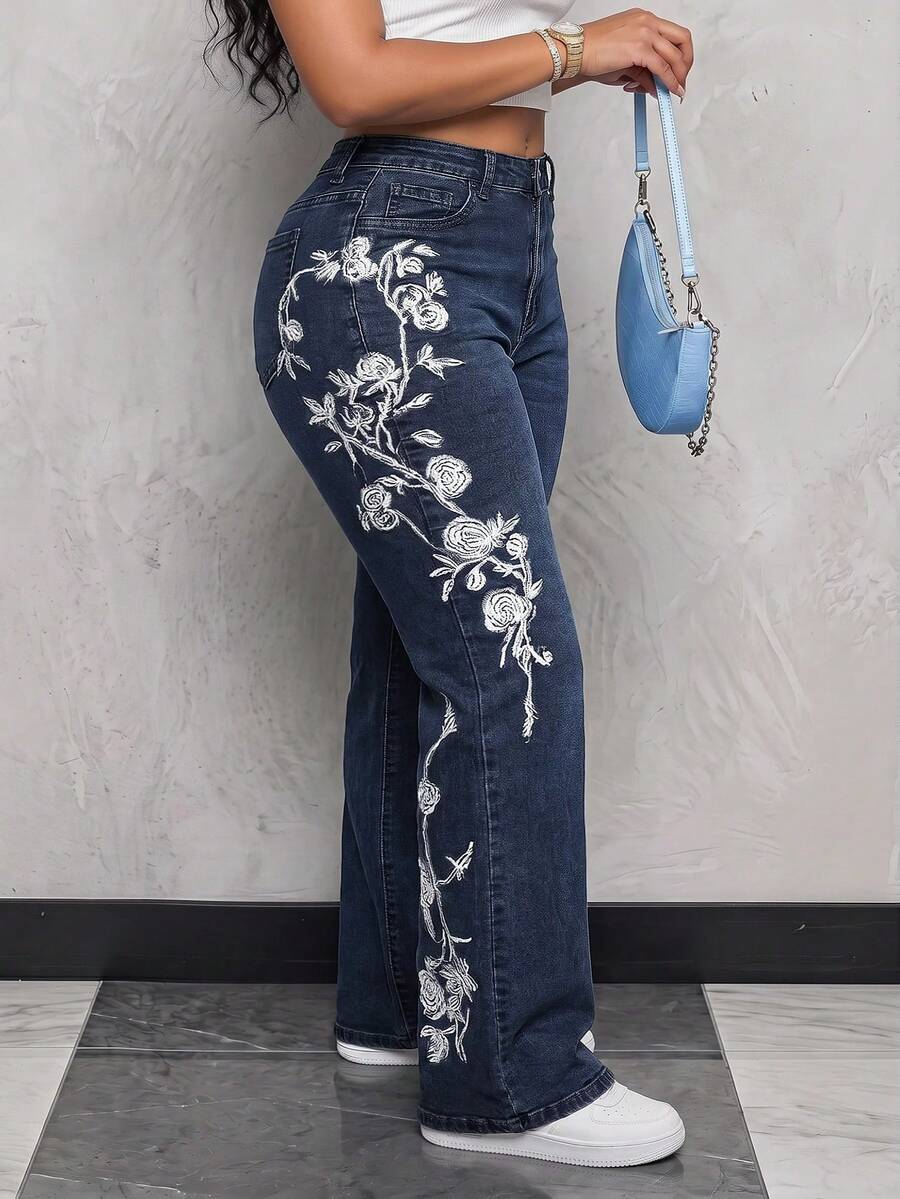 Slaydiva Plus Size Embroidered Flare Jeans - Dark Wash - View 1