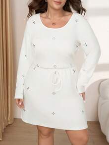 SHEIN LUNE Plus Size Striped Rhinestone Vintage Casual Elegant Fashion Autumn Dress Formal Morning Birthday White - Brown - View 6