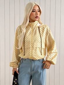 SHEIN EZwear 女款波點圖案長袖拉鍊連帽外套 - 黑與白 - 查看 4