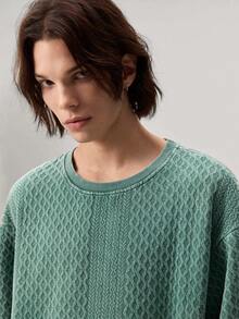 1pc Men's Green Summer Casual City Break Short Sleeve Tee,Textured Jacquard Fabric,Washed & Distressed Cotton T Shirt,Cropped Boxy Fit,Unisex Tops - Green - View 9