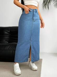 EMERY ROSE Women's Pocket Design Slit Hem Long Straight Casual Denim Maxi Skirt - Medium Wash - View 5