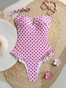 Swim Mod 女款夏季度假波點印花可拆式肩帶平口V領荷葉邊飾一件式泳衣 - 彩色 - 查看 4