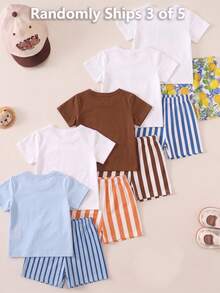 Randomly Ships 3 Of 5,Letter Print Crew Neck Short Sleeve Top And Matching Print Shorts Outfit Set For Outdoor Activities,School Clothes - Multicolor - View 2