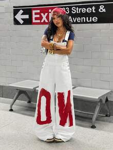 StreetHx Women's Letter Print Curved Leg Denim Overalls - White - View 3