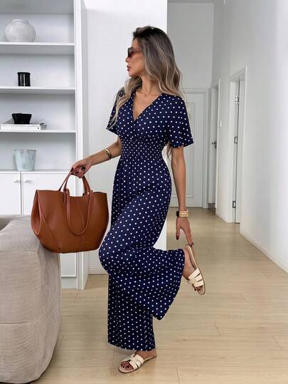 Easowa Damen-Jumpsuit mit gerafftem Criss-Cross-Wickeldesign, langen Ärmeln, rückenfreiem Schnitt, Bindeschleife an der Taille, geraffter Taille und weitem Bein, Vintage-Polka-Dot-Muster, lässig, entspannt, elegant, Old-Money-Stil, für Pendeln, Urlaub, Frühling und Sommer