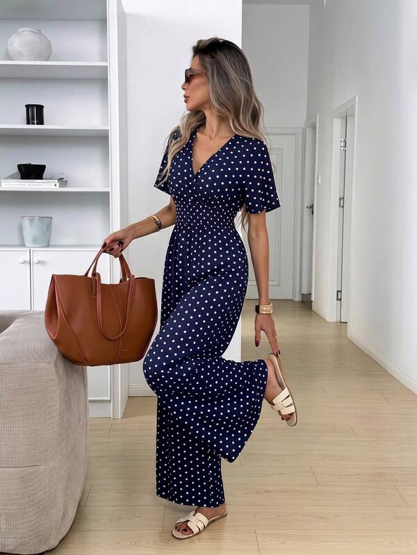 Easowa Shirred Criss-Cross Wrap Long Sleeve Backless Tie Bow Waist Ruched Cinched Wide Leg Jumpsuit Vintage Polka Dot Print Casual Relaxed Elegant Commute Old Money Style Vacation Spring Summer Women's Jumpsuit