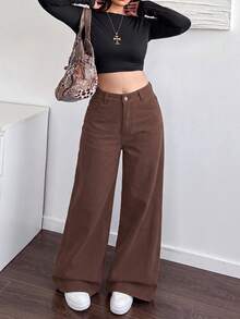 SHEIN ICON 大尺碼女款寬腿寬鬆休閒牛仔褲，附口袋 - 棕色 - 查看 7