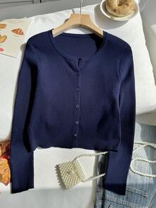SHEIN Teen Girls Royal Blue Short Ribbed Knit Cardigan, Warm Skin-Friendly Autumn/Winter Versatile Fashion Back-To-School - Black and White - View 5