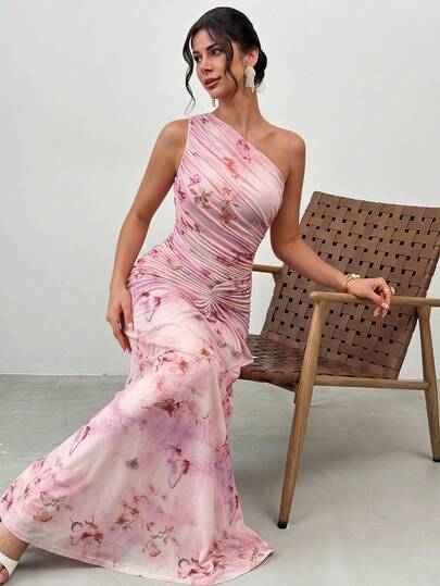 Firerie Women's Elegant Casual Vacation Beach Travel Outfit Dress, Pink Mesh Printed Pattern One-Shoulder Cinched Waist Ruched Design Slimming Long Dress, Exquisite Afternoon Tea, Outdoor Activities, Valentine's Day Date