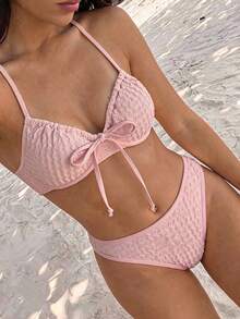 Swim Mod 新款女款 Coquette 性感可愛夏季海灘度假風 2 件式比基尼套裝 - 掛脖式紅色 - 粉色 - 查看 4