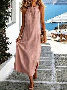 Omancia Women's Summer Solid White Lace Long Casual Vacation Dress - Pink - View 6