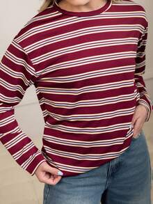 Ximena Robles Ximena Robles Women's Casual Everyday Commute Fashion Street Contrast Stripe Print Loose Fit Drop Shoulder Long Sleeve T-Shirt, Spring/Autumn Long Sleeve Top Stripe Top Casual Striped Top Striped Long Sleeve - Burgundy - View 3