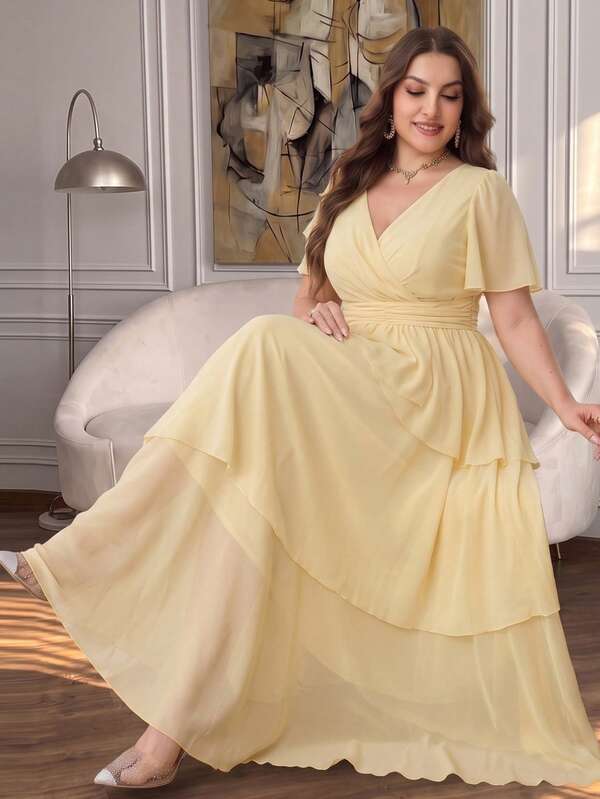 Modelyn Plus Size Women's Solid Color Pleated Elegant Waist-Defining Party Dress