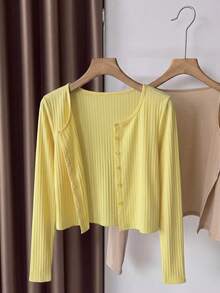 Franclia Cardigan Wanita Lengan Panjang Warna Polos Kancing Tunggal Kasual Serbaguna untuk Aktivitas Sehari-hari - Kuning - View 3